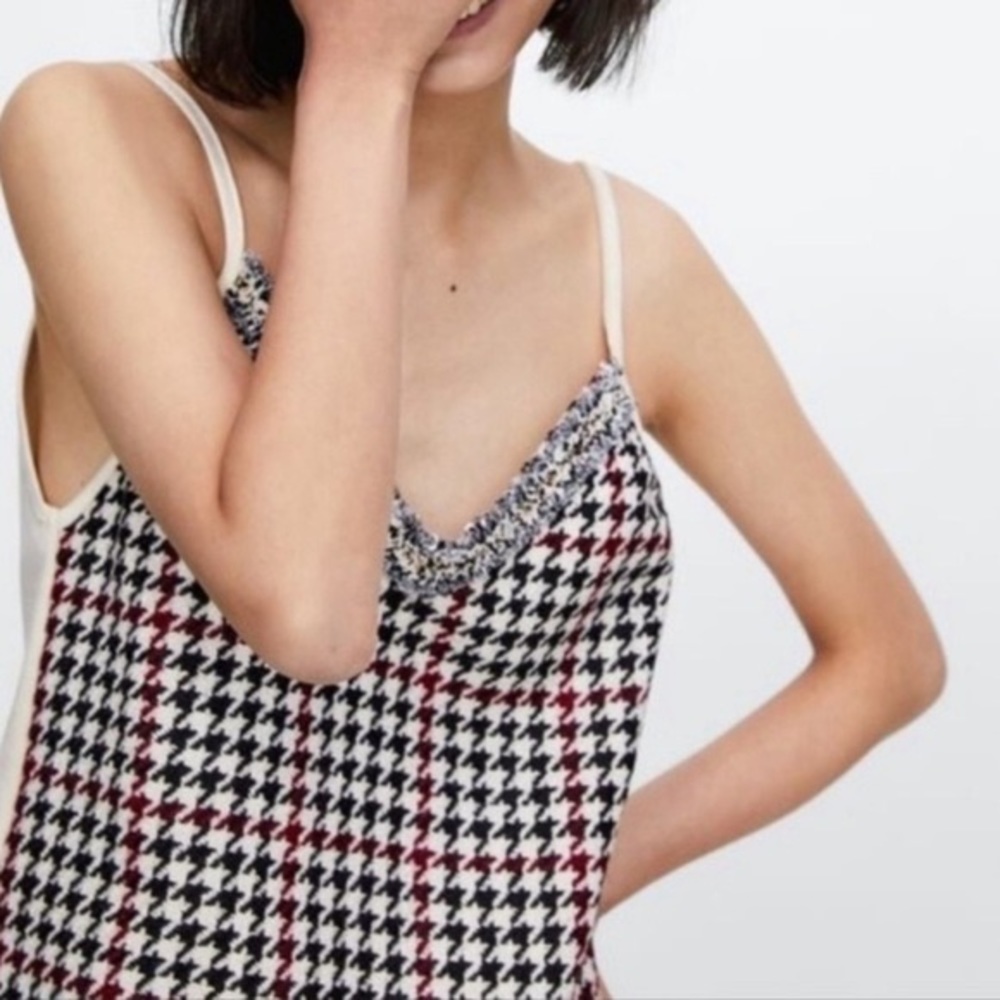 Zara Basic houndstooth knit tank top, faux suede back